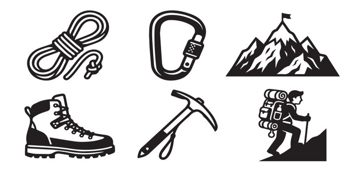 Mountain climbing icons set including rope carabiner hiking boot pickaxe and backpacker ascending peak