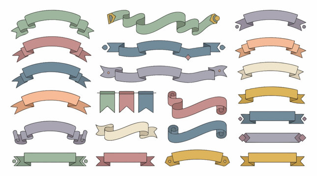 Set of hand drawn vintage ribbon banners and scrolls in pastel colors isolated on white background. EPS Editable