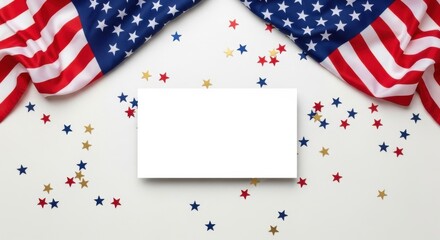 Fototapeta premium American flag stars and blank card on white background