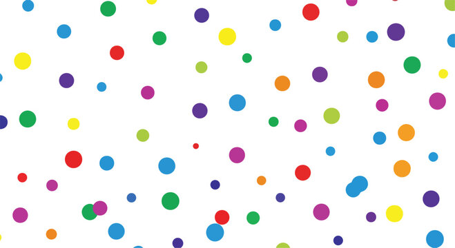 Colorful polka dot pattern on white background, vibrant confetti circle vector illustration, festive multi-colored round spots for party celebration decor