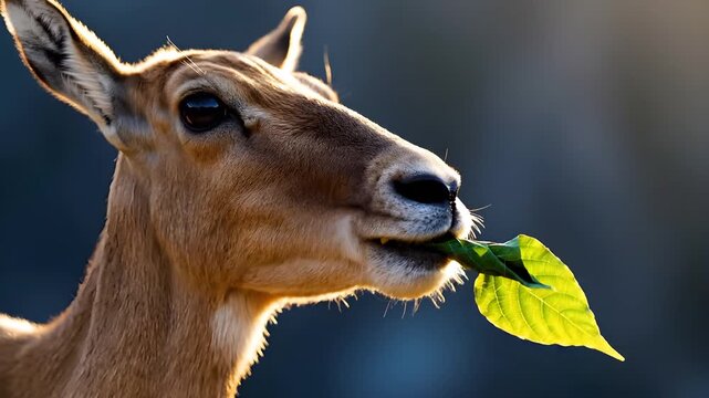 Close up side profile of an antelope chewing a bright green leaf in slow motion illuminated by warm backlighting