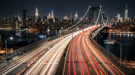 Obraz premium Cityscape with illuminated bridge and light trails at night