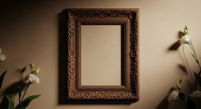 Ornate wooden picture frame on beige wall with white flowers