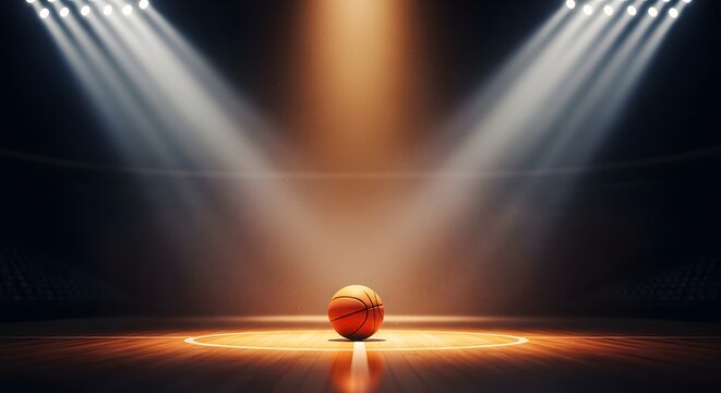 Basketball on court under spotlights