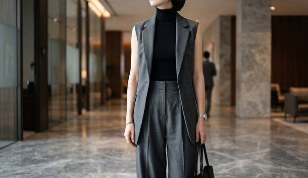 Elegant Businesswoman in Gray Sleeveless Blazer and Black Turtleneck Top
