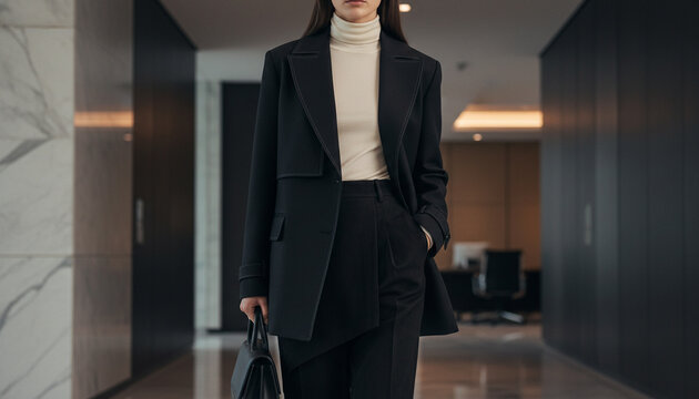 Elegant Businesswoman in Asymmetric Black Blazer and Cream Turtleneck Top