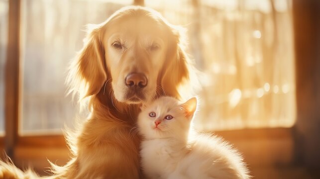 millennium. Golden retriever and kitten together in peaceful interaction. wildlife magazines, conservation campaigns, designed for eco-tourism storytelling.