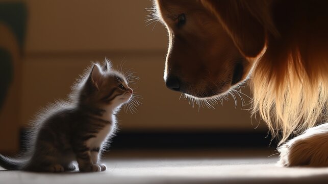 millennium. Golden retriever and kitten together in peaceful interaction. wildlife magazines, conservation campaigns, designed for eco-tourism storytelling.