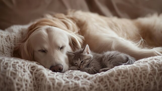 millennium. Golden retriever and kitten together in peaceful interaction. wildlife magazines, conservation campaigns, designed for eco-tourism storytelling.