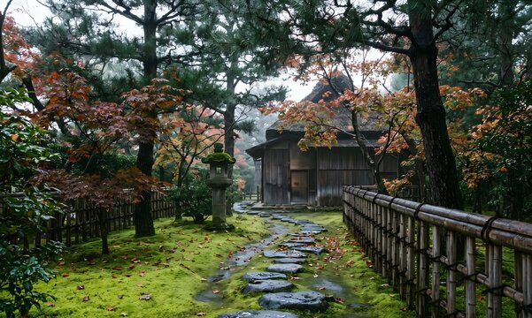 Traditional Japanese roji garden path leading to a chashitsu tea house, irregular stepping stones wet from morning mist, moss-covered ground glowing luminous green, bamboo fence lining the path.