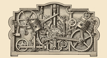 Obraz premium Monochrome Vector Artwork Depicting the Intricate Mechanism of an Engine with Pistons and Gears