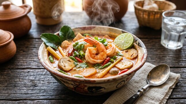 Authentic Thai tom yum soup with shrimp and aromatic herbs served in traditional Asian dining style.