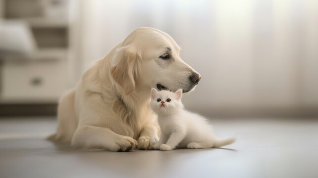 millennium. Golden retriever and kitten together in peaceful interaction. wildlife magazines, conservation campaigns, designed for eco-tourism storytelling.