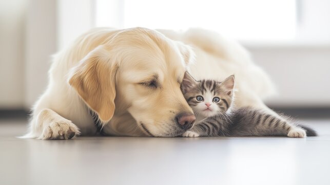 millennium. Golden retriever and kitten together in peaceful interaction. wildlife magazines, conservation campaigns, designed for eco-tourism storytelling.