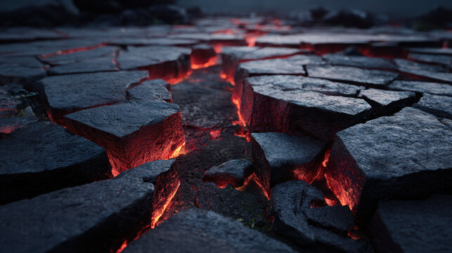 Lava crack molten rock volcanic floor dark stone hot fissure glowing ember broken surface top view abstract texture volcanic rock basalt crack fissure magma lava heat red glow dark stone rock