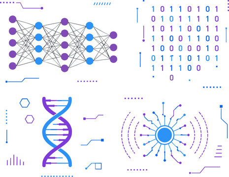 Abstract Artificial Intelligence and Data Science Icon Set with Neural Network Binary Code DNA Helix and Cyber Core Vectors Isolated on White