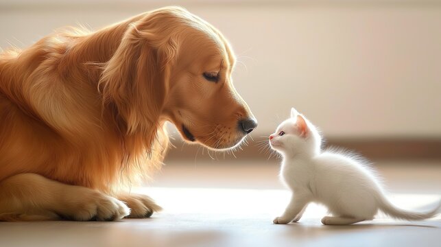 millennium. Golden retriever and kitten together in peaceful interaction. wildlife magazines, conservation campaigns, designed for eco-tourism storytelling.