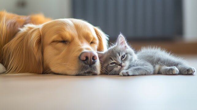 millennium. Golden retriever and kitten together in peaceful interaction. wildlife magazines, conservation campaigns, designed for eco-tourism storytelling.