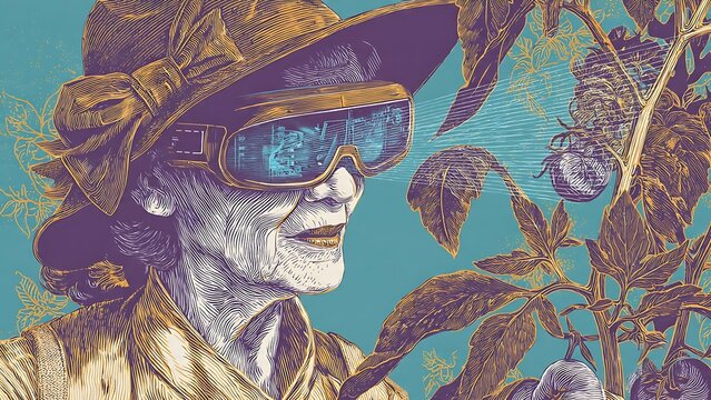 Artistic illustration of a senior woman farmer wearing futuristic smart glasses. Concept of smart agriculture, virtual reality, future technology, and organic farming.