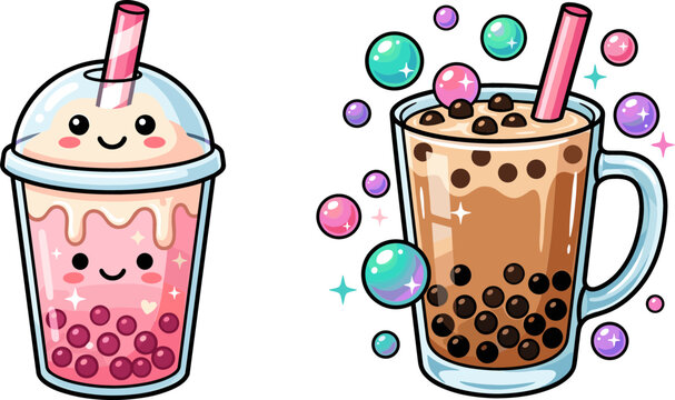 Cute Kawaii Bubble Tea Vector Set with Smiling Pink Milkshake Cup and Brown Tapioca Pearl Boba Mug Isolated on White Background
