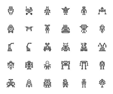 Linear Robot Pictograms icon set. Minimal line robot icons pack. Vector illustration. Includes symbols for robot, automation, AI, android, machine, technology and more. Editable vector stroke.