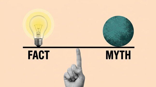 Hand Pointing Between Fact and Myth Concept with Light Bulb and Globe on Warm Background