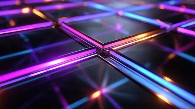 Futuristic glowing grid abstract digital background neon light reflective surface geometric pattern 3d render luminous line purple blue color orange accent dark background modern technology sci fi