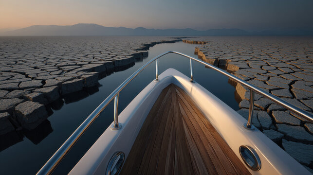 Boat bow cracked land dry lake narrow waterway calm water horizon mountain range sunset light deck railing wood plank travel landscape arid drought reflection symmetry front view outdoor nature