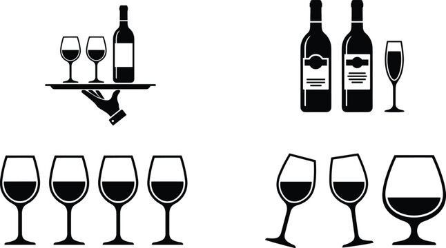 Black and white vector icons set of wine bottles and glasses for restaurant service and celebration events