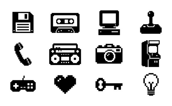 Retro 8-Bit Pixel Art Icons: Floppy Disk, Cassette, Computer, Joystick, Phone, Boombox, Camera, Arcade Machine, Gamepad, Heart, Key, Lightbulb - Vector Set