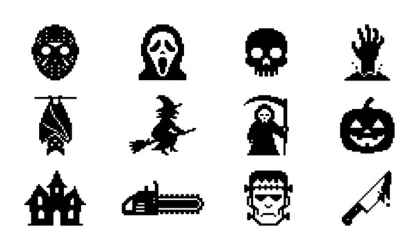 Spooky Halloween Icons Set: Horror Movie Characters, Slasher Villains, Grim Reaper, Witch, Zombie Hand, Haunted House, Pumpkin, Bat, Skull, Chainsaw, Knife, Vector Graphics for Spooky Designs
