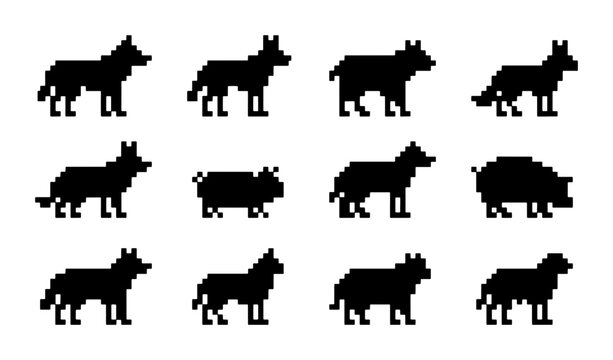 Pixel Art Animal Silhouettes Collection: 12 Retro Dog and Wild Animal Icons, Vector Graphics for Gaming and Retro Design