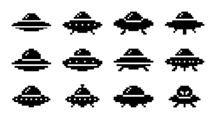 Pixel Art UFO Icons Set, Retro Flying Saucer Vector Graphics, Vintage Alien Spaceship Collection, Sci-Fi Graphic Elements © PixelArtBox