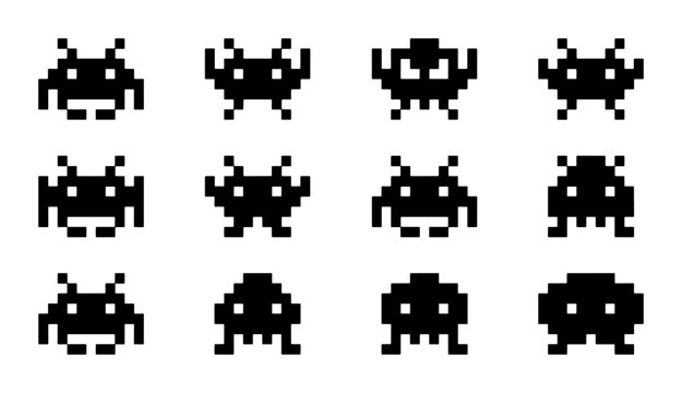 Retro Pixelated Alien Invaders Icons, 12 Black Space Game Characters, Vintage Sci-Fi Vector Graphics for Nostalgic Designs
