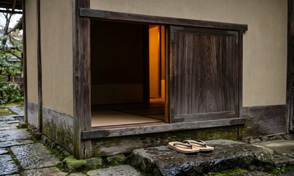 Exterior view of a traditional nijiriguchi entrance &mdash; the deliberately small crawling door of a Japanese tea house, weathered dark cedar wood frame with aged metal fittings.