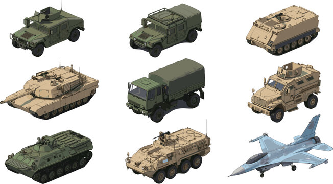 Isometric military vehicles and aircraft illustration set featuring tanks, armored trucks, transport vehicles, and fighter jet for defense and strategy design