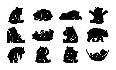 Set of 12 Black Bear Silhouettes, Vector Icons for Wildlife, Nature, and Cute Animal Graphics © PixelArtBox