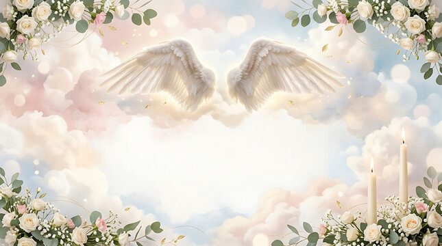 Angel wings fly amidst cloudy sky with flowers and candles in frame microstock-image