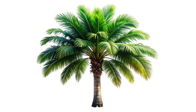 Lush green palm tree with a sturdy trunk and vibrant fronds, perfect for tropical designs, summer themes, or creating a paradise island ambiance, isolated on a clean white background
