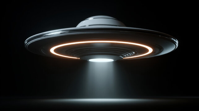 Futuristic flying saucer with glowing ring and beam light in dark space scene