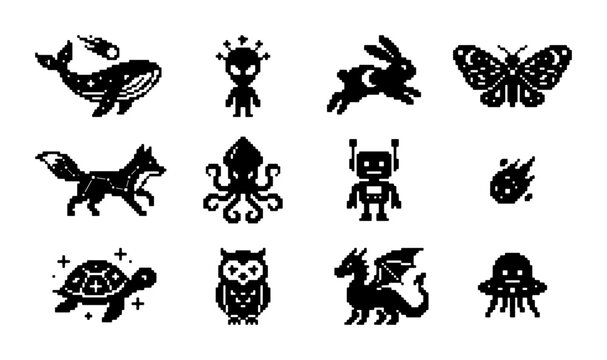 Whimsical Celestial Icons Set: Cute Animals, Fantasy Creatures, and Sci-Fi Characters for Cosmic Designs