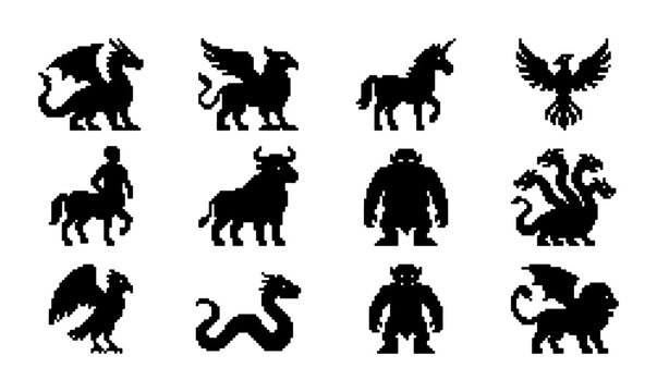 Mythical Creatures Silhouette Collection, Fantasy Beasts Vector Icons, Legendary Monsters Graphics, Dragon, Griffin, Unicorn, Phoenix, Minotaur, Hydra, Centaur, Serpent, Troll Icons