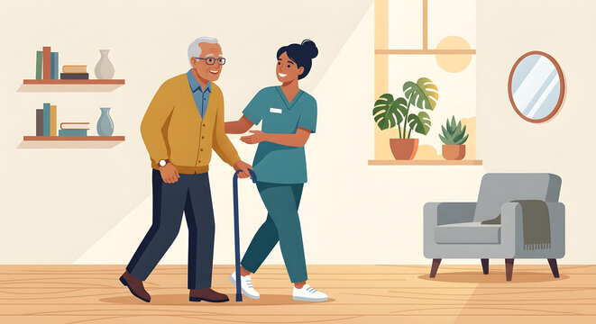 Caregiver assisting senior man with walking cane