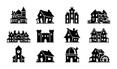 Naklejka premium Haunted House Icons Set, Spooky Building Silhouettes, Gothic Architecture Vector Graphics, Halloween Village Elements, Mysterious Mansion Collection