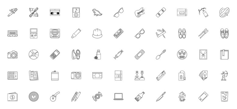 Miscellanea icon set. Vector collection of everyday objects. Includes chainsaw, earphones, VHS, iPod, glasses, guitar, skateboard, album, mask, cassette, and more. Editable vector stroke.