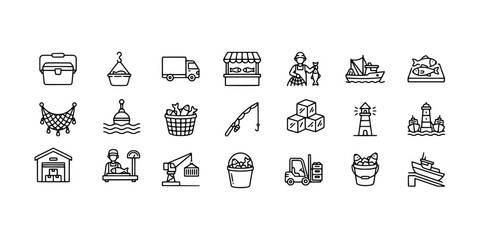 Icon set collection of commercial fishing and seafood industry showing fishermen, trawlers, fish markets, nets, hooks, and logistics processing equipment. © Raka Firdaus 