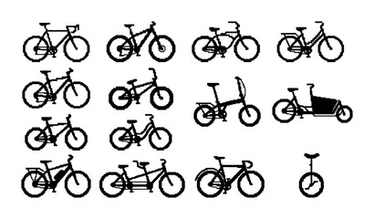 Diverse Bicycle Collection, Vector Icons Set: Road Bikes, Mountain Bikes, Folding Bikes, Cargo Bikes, Tandem Bikes, Unicycles, Silhouette Graphics for Transportation and Sport © PixelArtBox