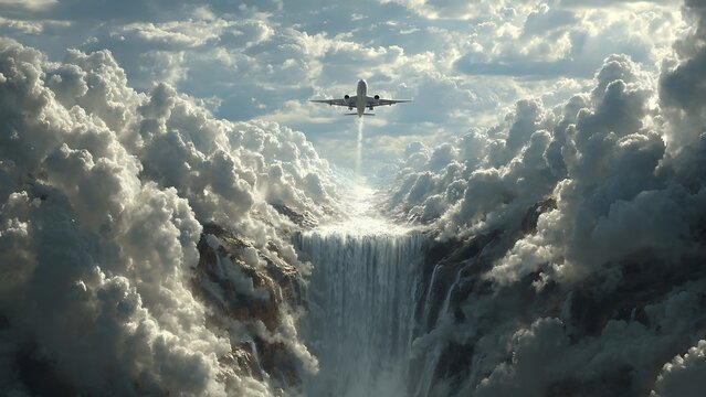 Surreal concept of an airplane flying directly over a massive waterfall pouring out from a canyon of fluffy white clouds. Metaphor for breakthrough, ultimate freedom, and epic journeys.