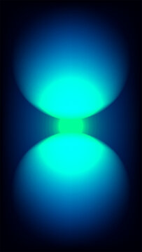 Abstract minimalist digital art two glowing blue and cyan spheres in center to futuristic hourglass shape with a bright green light on dark background