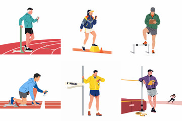 Fototapeta premium Collection of flat vector illustrations depicting track and field coaches, referees, and trainers monitoring athletes during various sporting events and training sessions.
